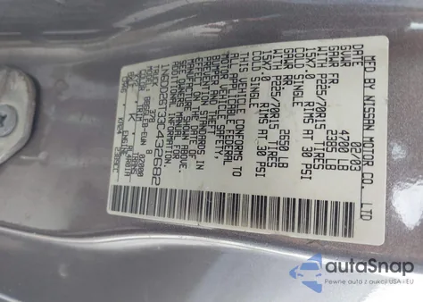 2003 Nissan Frontier Xe z USA, uszkodzony, nr VIN 1N6DD26T33C432682